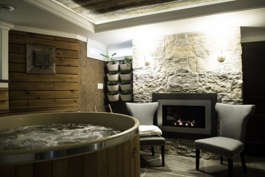 Fireplace and sunken hottub